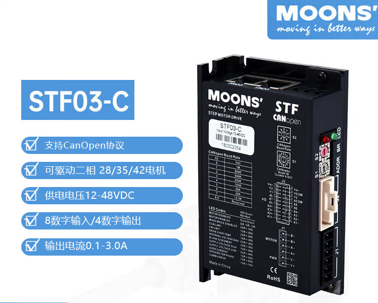 GWMOONS鸣志STF03/05/10-ECX-HD一拖四485总线 线控制型步进马达驱 STF03-CCANopen通讯
