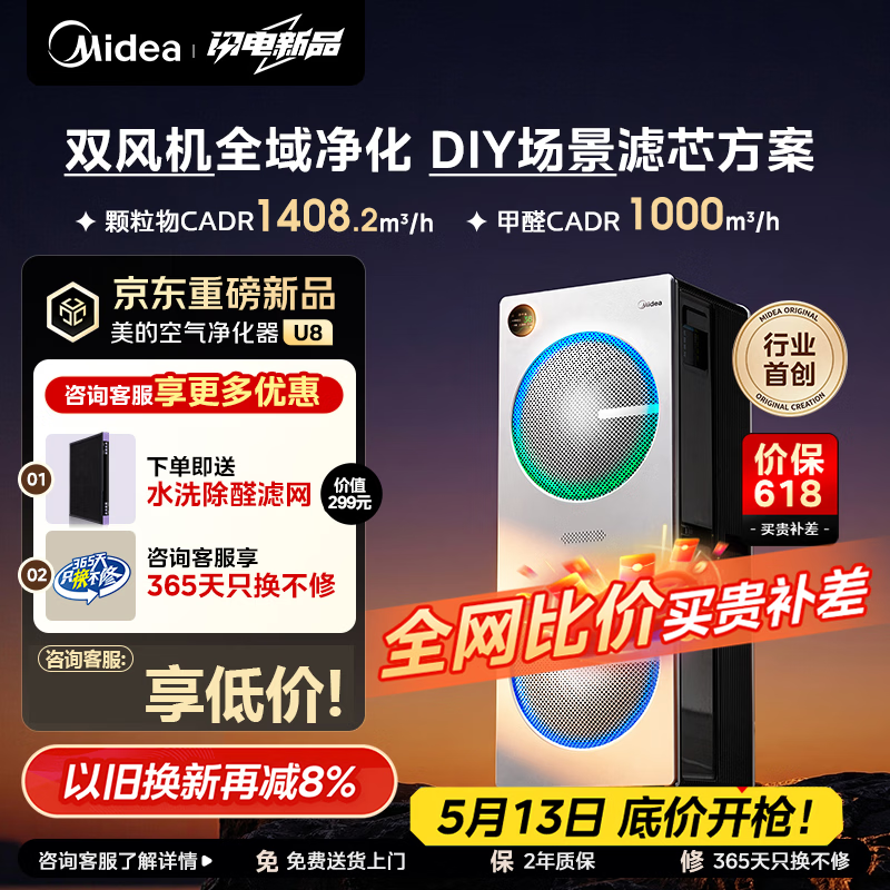 美的（Midea）【U8双风机】空气净化器除甲醛异味除过敏原除菌花粉鼻炎家用大空间净化机 DIY多场景滤网