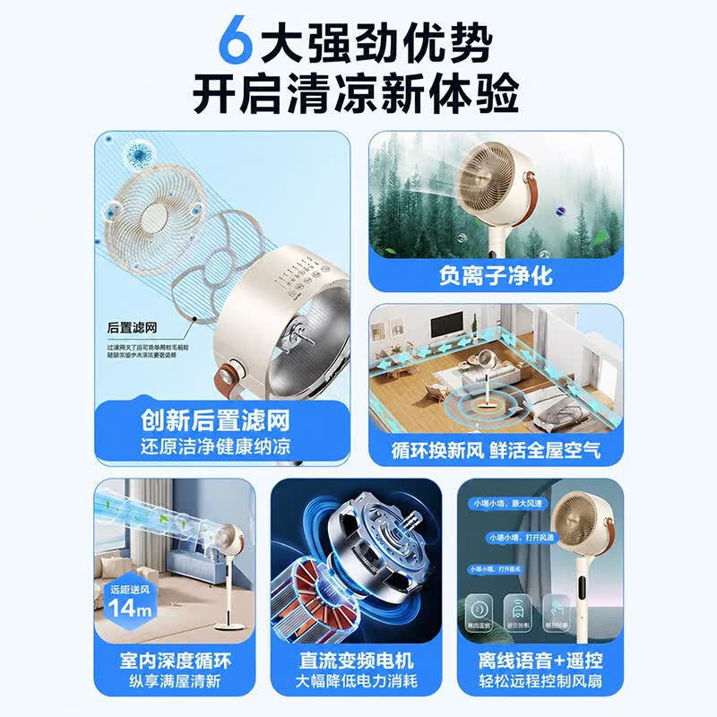 格力(GREE)空气循环扇家用卧室超轻音电风扇智能遥控定时办公客厅排气扇空调伴侣台式落地扇 【负离子清新+14米送风】语音款