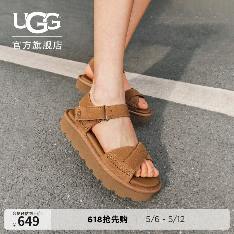 UGG夏季新款女士舒适厚底露趾魔术贴搭扣休闲凉鞋 1178875CHE|栗色40