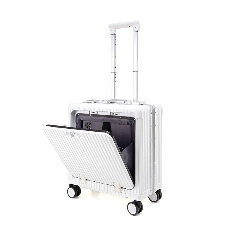 Walker Shop品牌行李箱18寸登机箱前开盖多功能万向轮轻便拉杆箱铝框旅行箱 白色 18英寸 横版【可登机 | 京东快递】