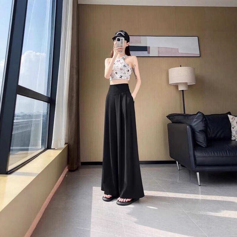 YOUNVFR2026春夏季新款西装裤女高腰阔腿裤直筒休闲宽松大摆拖地长裤子 黑色 2XL