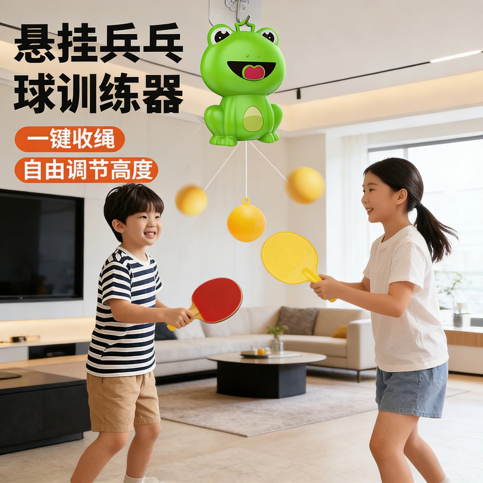 儿童悬挂式乒乓球室内一键回收亲子练习感统神器纠正视力手眼协调 青蛙悬挂乒乓球【2拍5球1挂钩】
