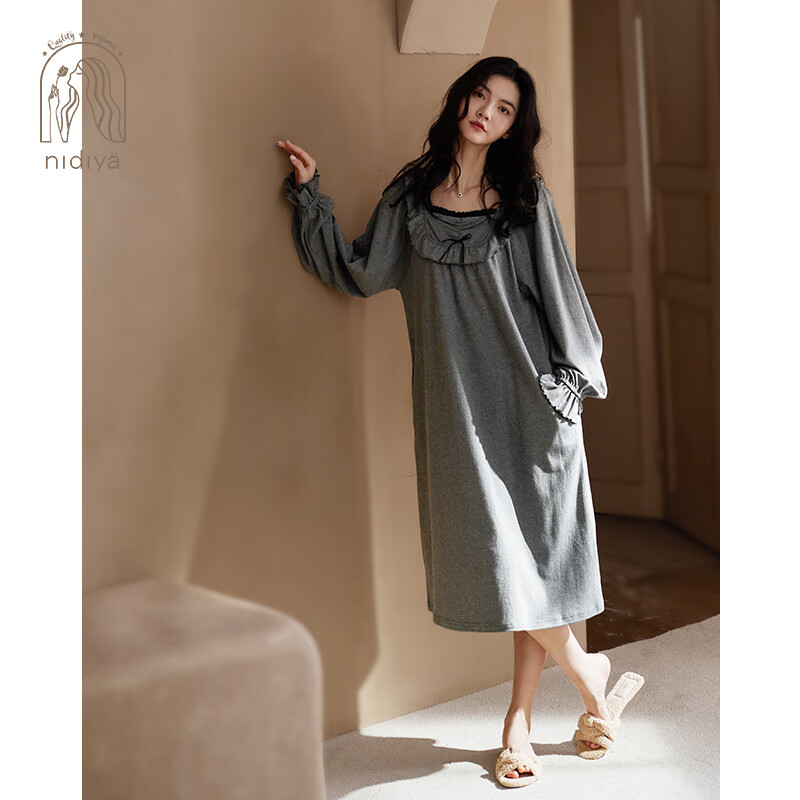 妮狄婭睡衣睡裙女春秋純棉雙層紗布復(fù)古套頭寬松中長(zhǎng)款家居服 TF22310深灰 XL