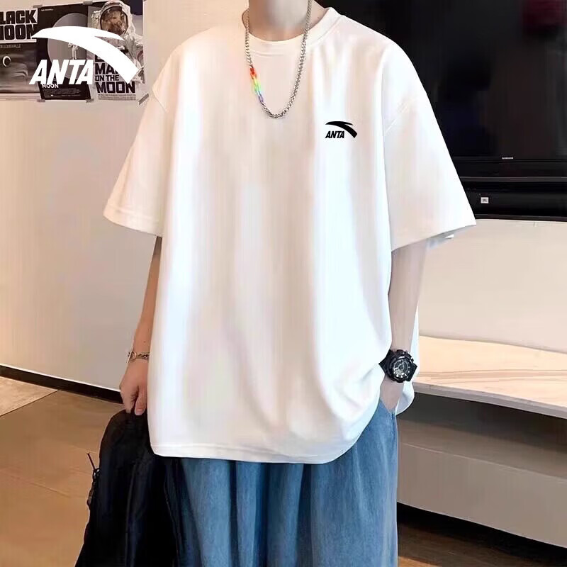 安踏(ANTA)短袖男t恤2026夏季新款纯棉透气圆领宽松潮流简约休闲运动上衣 纯净白(92%棉) S /165(90-100斤)