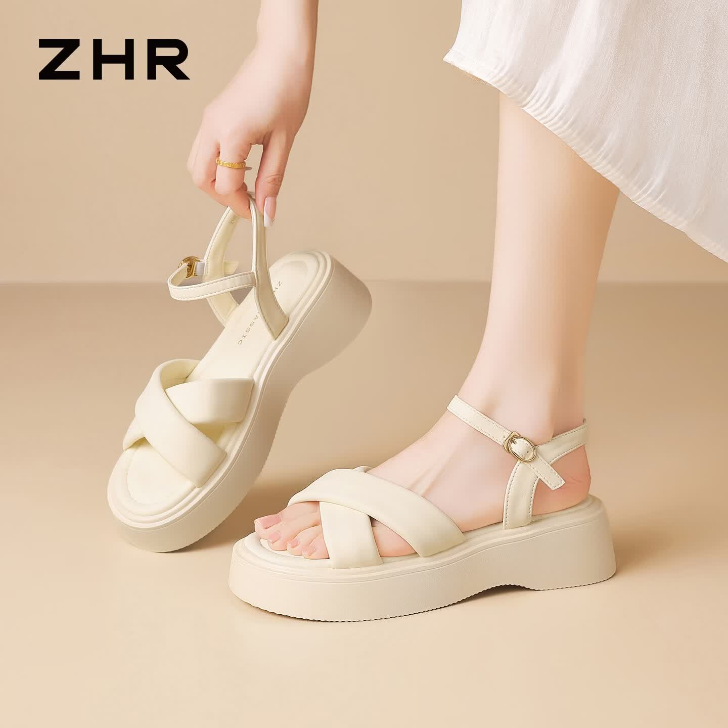 ZHR则则厚底凉鞋女2026夏季通勤外穿女鞋休闲一字带鞋子女KD170米色39