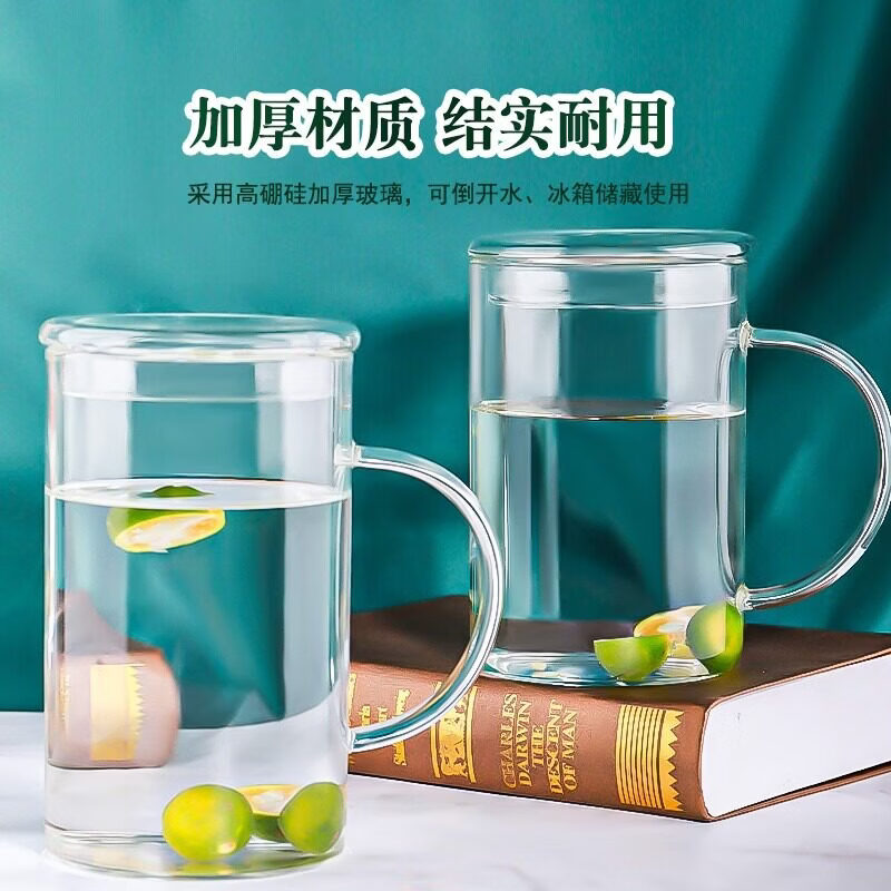 咏幻玻璃杯耐热防爆耐高温茶杯大容量办公室水杯男士杯子啤酒杯 超大畅饮杯1000ml刻度杯【玻璃盖】-可明火/耐冷热/运