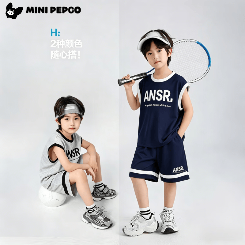 小猪班纳(PEPCO)儿童背心套装夏季新款男童女童两件套韩版休闲中大童背心短裤童装 球服套装藏青 150