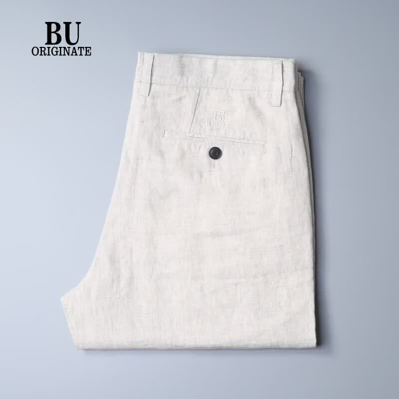 BURUEULLR夏季超薄100%纯亚麻休闲裤男士透气直筒宽松垂感高档直筒轻奢长裤 藏青色 薄款 42