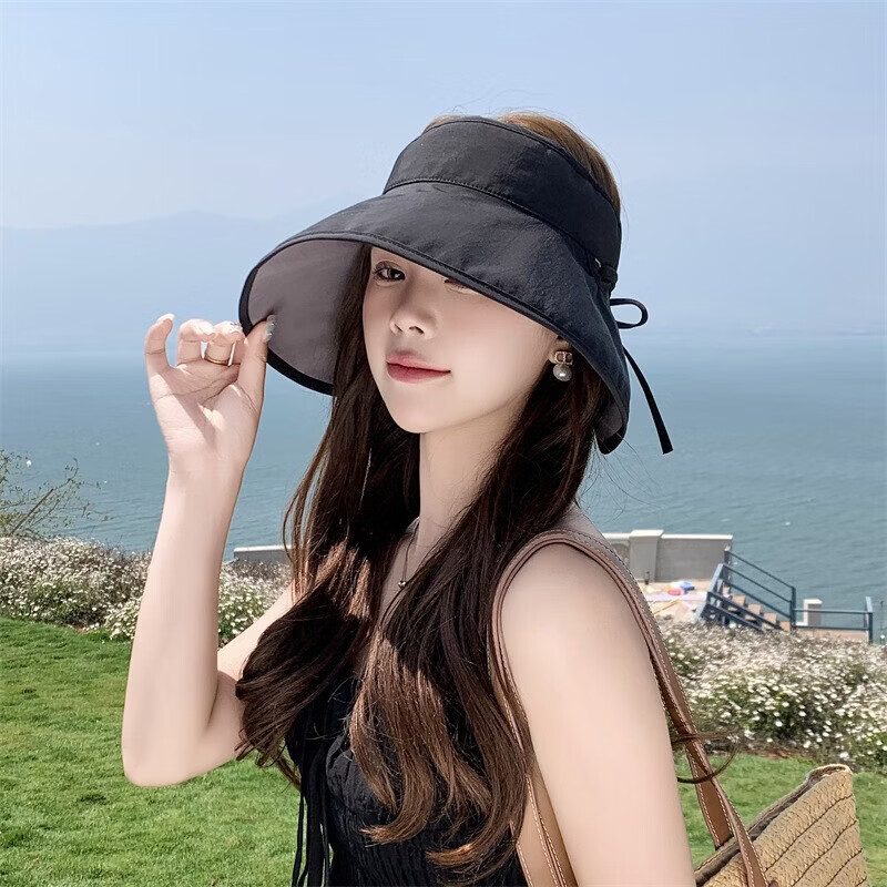 有只绵夏新款帽女显脸小户外防晒遮阳帽韩版百搭遮脸双面太阳帽子 卡其色 穿绳双面空顶 头围56-58cm-帽檐长12CM