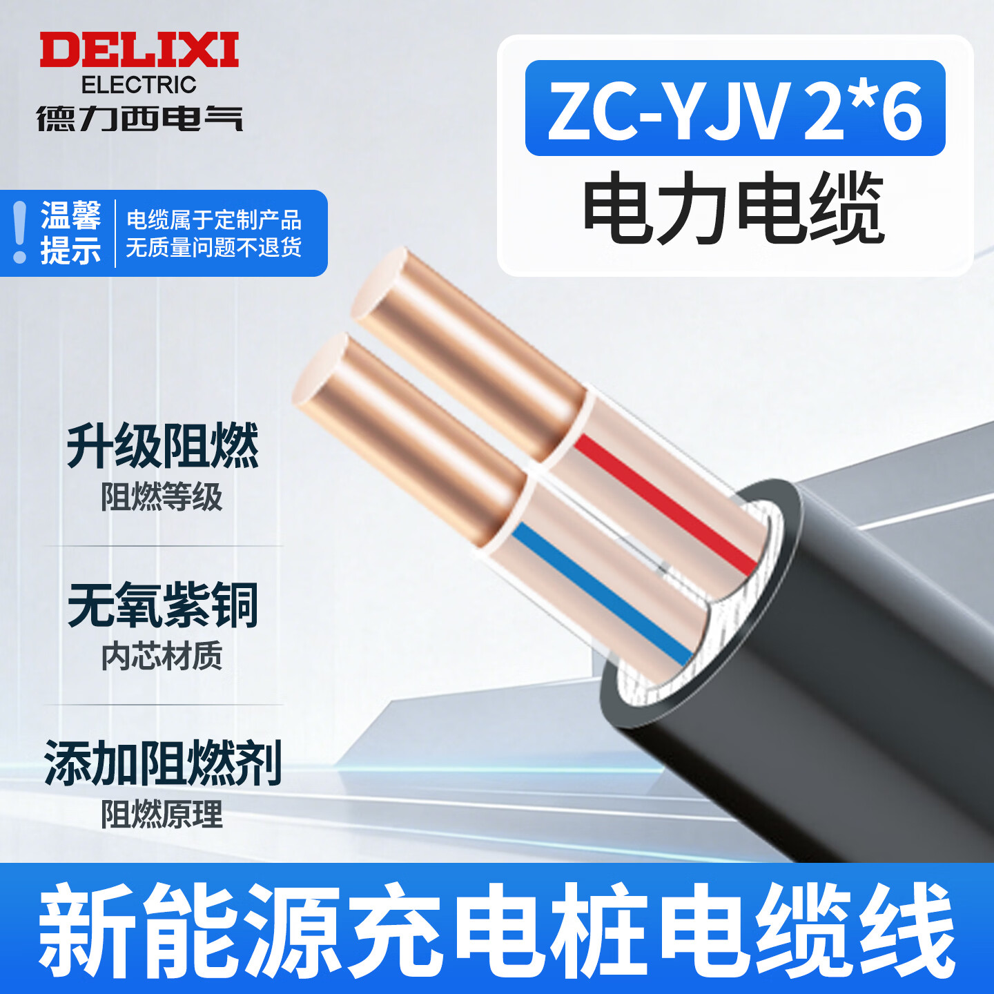 德力西电气电线电缆ZC-YJV3*4三芯6平方10平方充电桩电缆线低压阻燃铜芯线 2芯6平方（电缆线不支持退货） 1米