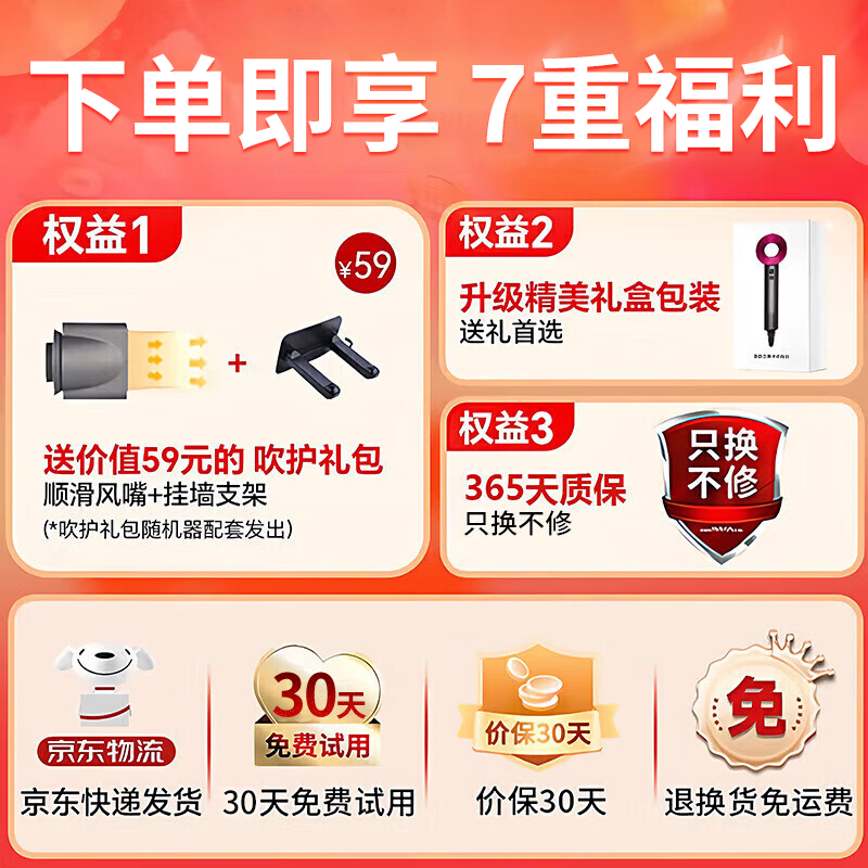 戴森德乐【120亿水润负离子护发I国家3C认证】吹风机家用静音负离子大功率不伤发大风力吹风筒恒温 玫红色I 智能恒温护发 I 五风嘴套餐精美礼盒十年质保