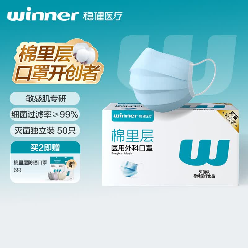 稳健（Winner）棉里层灭菌医用外科口罩一次性纸塑独立包装 50只防晒防过敏鼻炎