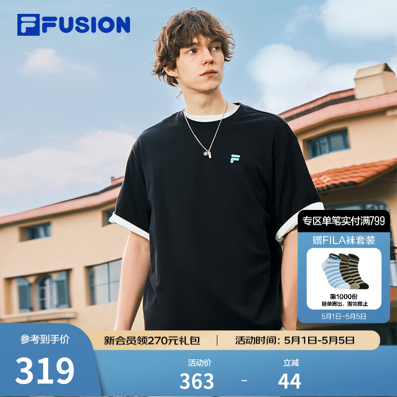 FILA FUSION斐乐潮牌情侣款针织短袖衫2026春新款凉感休闲宽松纯棉T恤 正黑色-BK L 175/96A/L