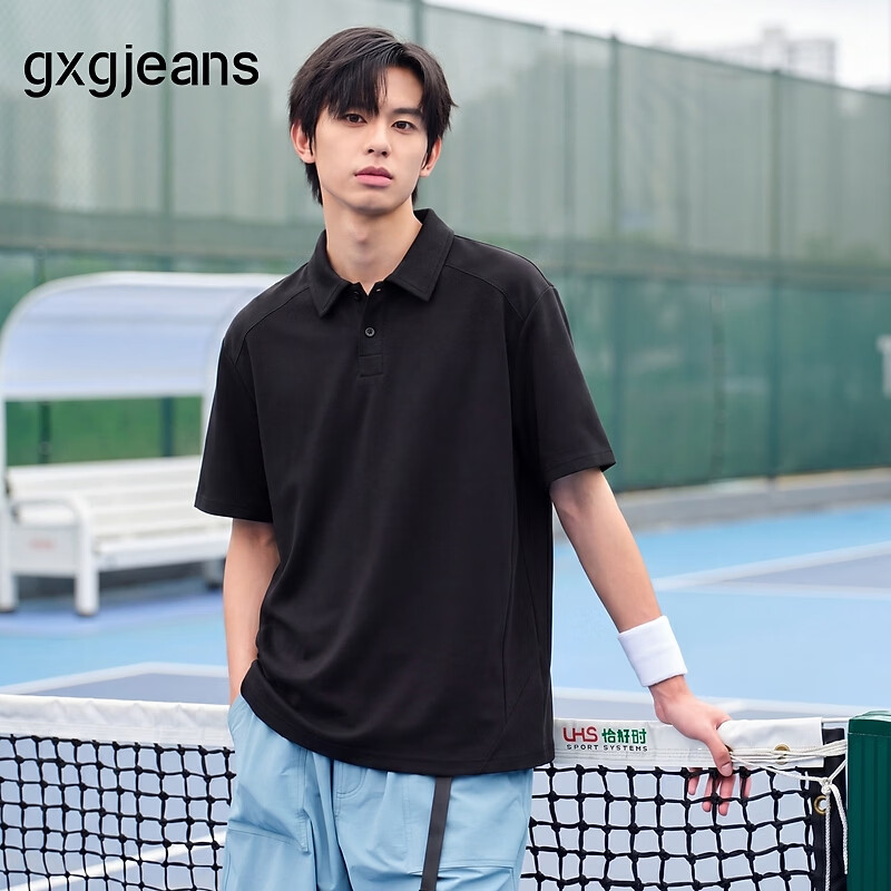 gxgjeans男装  肩部分割设计简约通勤翻领短袖polo衫男 26夏新品 黑色 L (175)