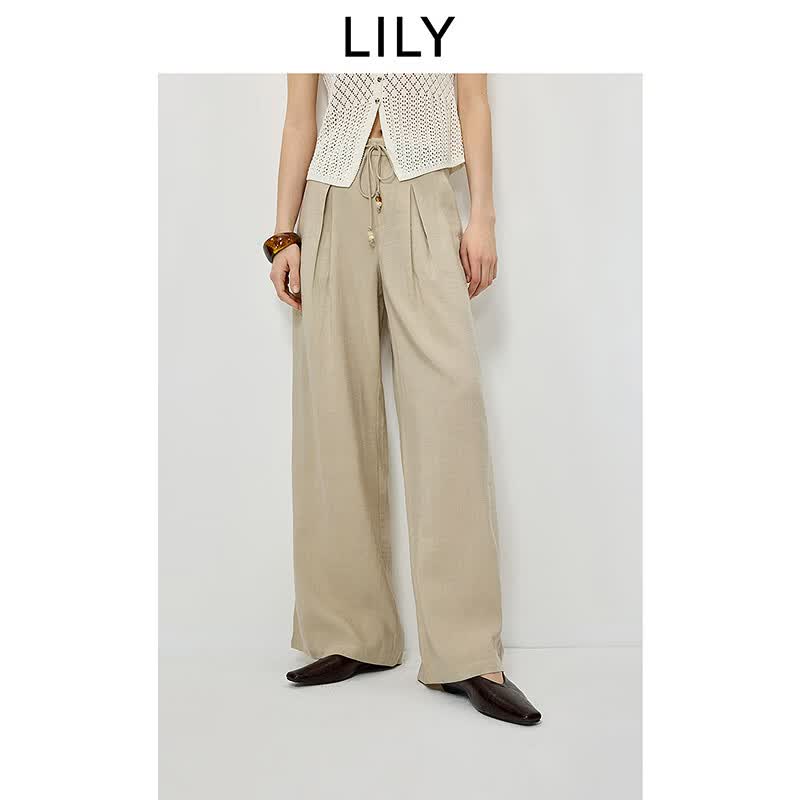 LILY2026夏新款莱赛尔亚麻混纺老钱风宽松休闲通勤阔腿裤休闲裤女 716浅卡其 S