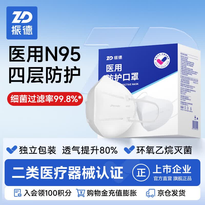 振德N95医用防护口罩3D立体医用灭菌独立包装防工业粉尘雾霾颗粒 30只