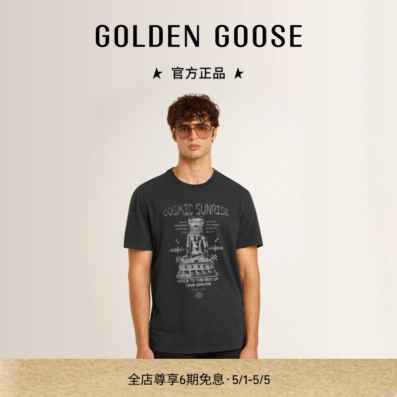 GOLDEN GOOSE男装Journey黑色印花图案短袖T恤25新品GGDB 黑色/白色 M (180/100A)