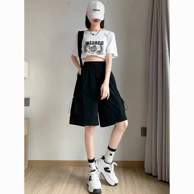 YOUNVFR夏季高腰五分阔腿裤设计感小众慵懒宽松短裤梨型显瘦直筒女版中裤 203#黑色 M 【建议85-100斤】