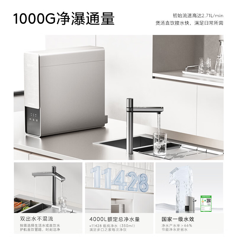 COLMO北极星净水器C1家用 1000G通量政府补贴 厨下直饮净饮机0阻垢剂双芯五级过滤5年长效RO