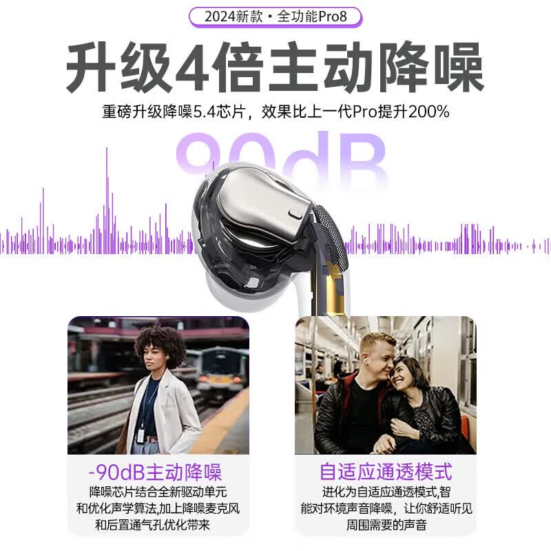 华强北【直营正品丨2026新款】八代Pro3顶配版蓝牙耳机无线主动降噪适用iphone17/16/15ios入耳式运动 八代【至尊版】空间音頻丨滑动调音丨原版|入耳检测