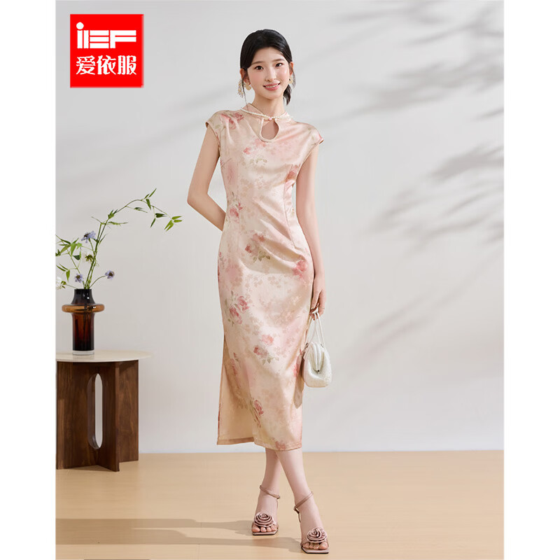 IEF/爱依服2026夏季新款新中式改良旗袍连衣裙女收腰气质绝美长裙 粉花 S