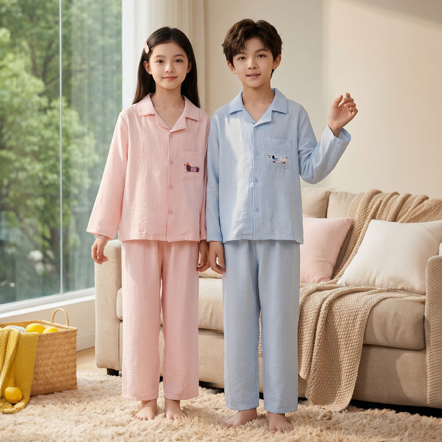 猫人儿童睡衣a类男女童春夏中大童卡通长袖薄款可外穿家居服套装 清新粉 120 【建议身高105-115cm】