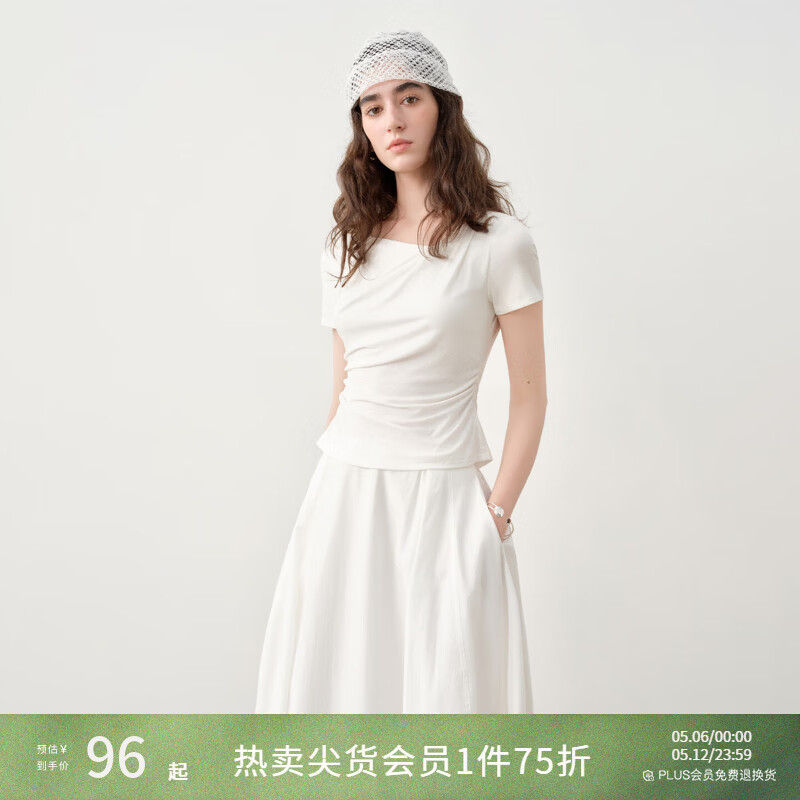 自巧冰肤凉感料 小个子短袖设计感斜领侧腰抽褶t恤女夏季2026新品 雅白色 S （尺码：3）
