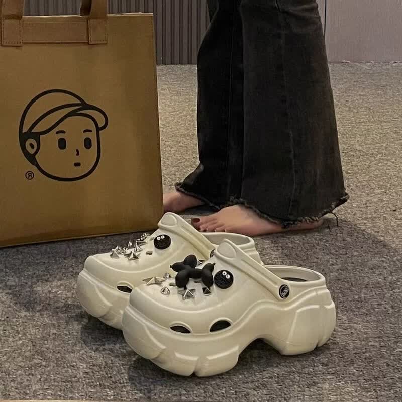夏季ins潮厚底防滑小个子高跟洞洞鞋女外穿可爱链条沙滩包头凉鞋 绿色【纯色款】+7CM厚底 40-41 脚宽胖拍大一码