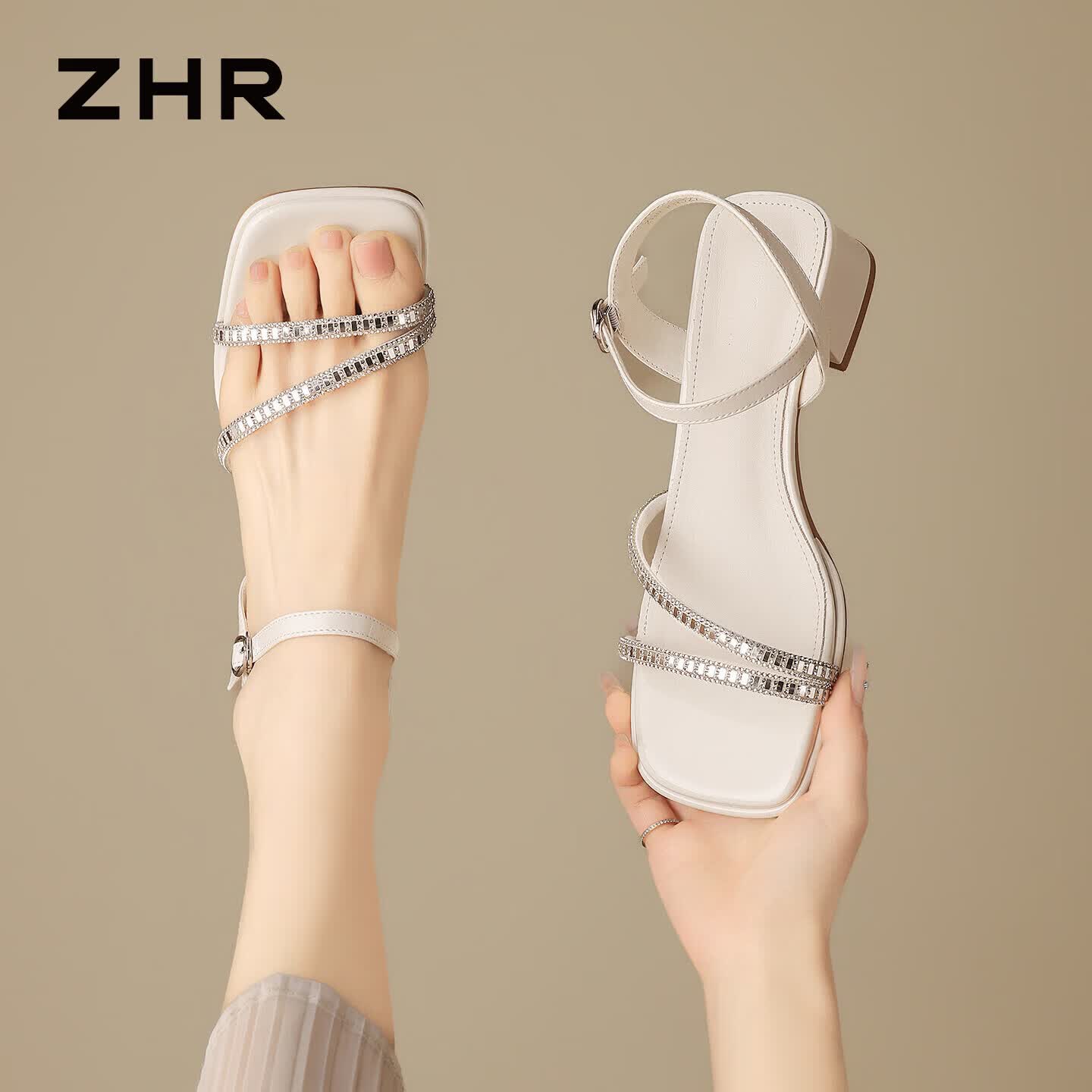 ZHR则则一字带凉鞋女夏季新款配裙子女鞋露趾粗跟镜面鞋子女KN327米色38