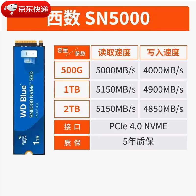 闪迪（SanDisk）西数 SN5100/SN7100 1T/2T M2 PCIe4.0台式笔记本电脑固态硬盘 西数SN5000（全新国行盒装） 2TB
