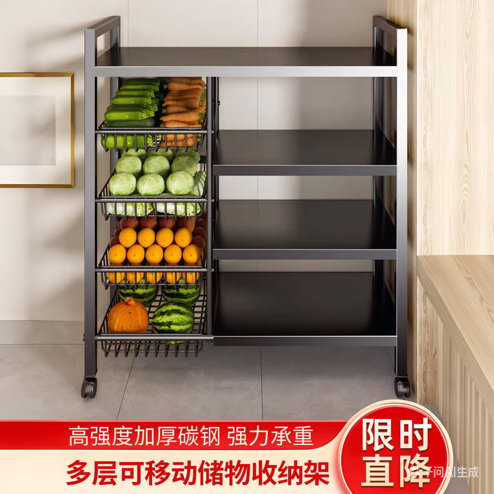 坤润合厨房用具置物架蔬菜架果蔬零食收纳架客厅储物架带轮移动小推车 架子 京东折扣/优惠券