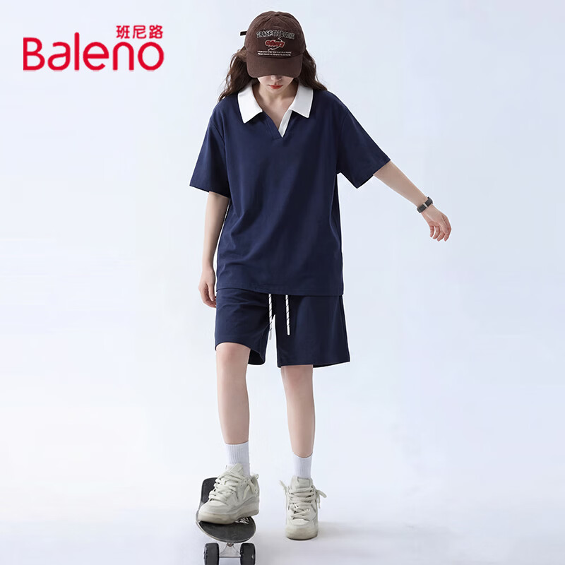 班尼路(Baleno)撞色POLO领套装女2026年夏季女装新款时尚休闲通勤户外两穿两件套 藏青#纯色 M
