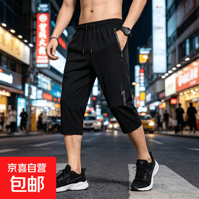 夏季冰丝速干休闲超薄款空调裤男士跑步健身运动裤大码宽松七分裤 黑色 2XL 【建议135-150斤】