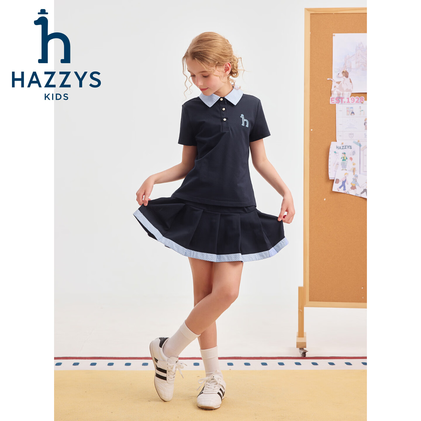 哈吉斯(HAZZYS)童装女童速干套装2026夏季新品大童学院风短袖polo衫儿童甜美短裙 藏蓝 165
