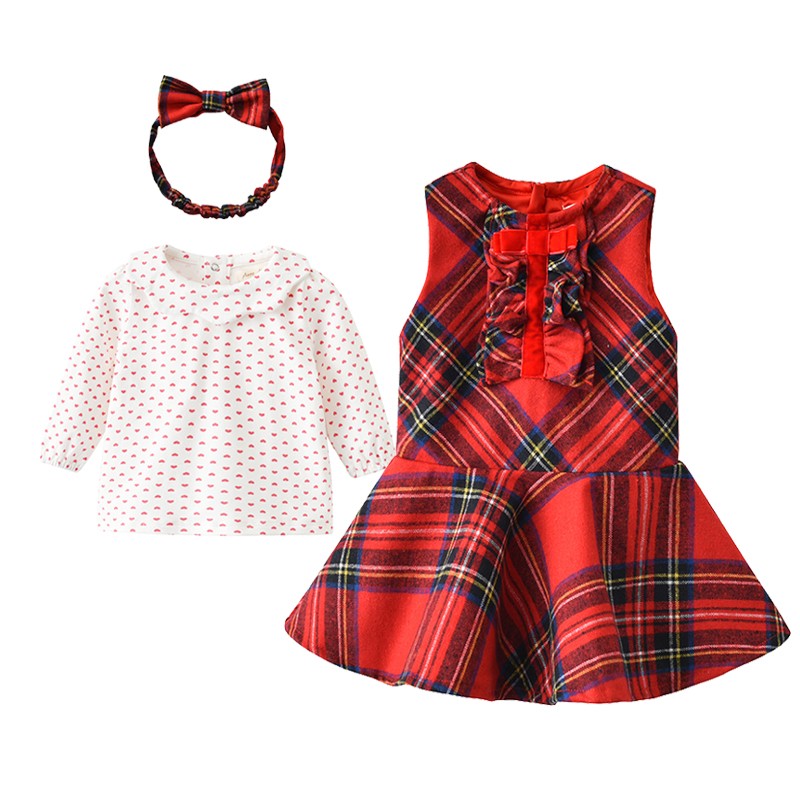auro mesa春秋女童连衣裙套装长袖爱心打底衫格子连衣裙发带百天周岁