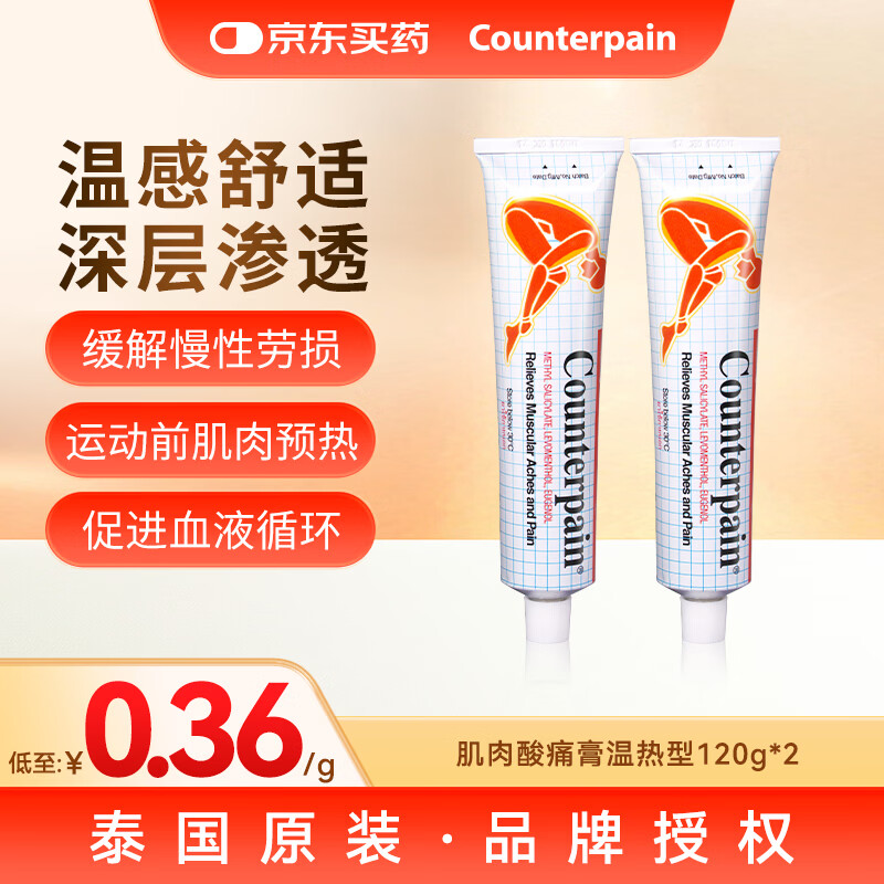 【2支装】泰国大正counterpain肯得肌肉酸痛膏温热型120g 缓解疼痛疲劳扭伤拉伤挫伤药膏风湿关节炎 原装进口