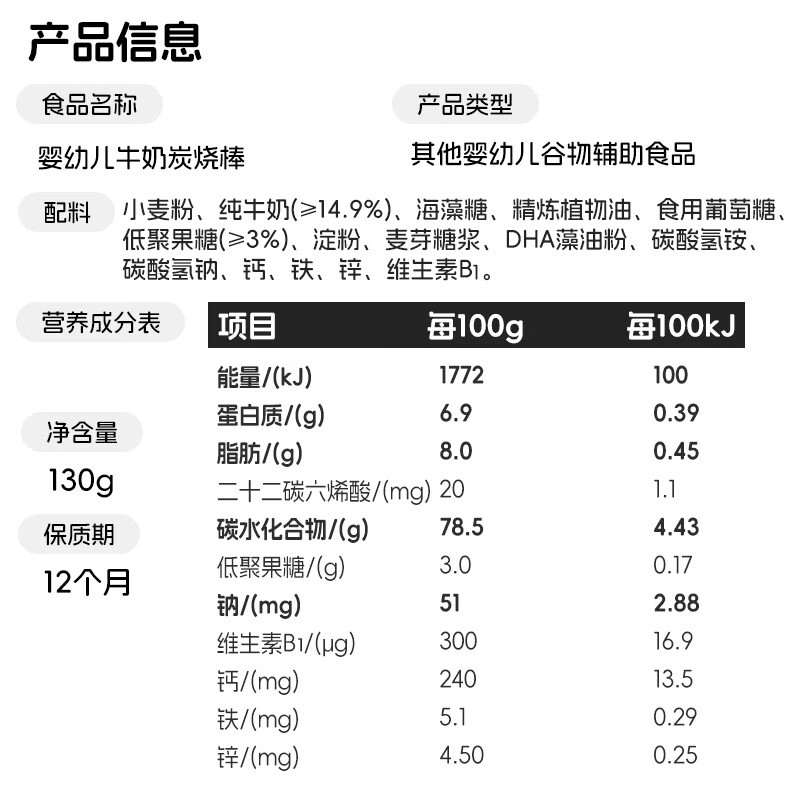 喵小侠婴幼儿牛奶炭烧棒 宝宝零食儿童磨牙棒健康零食 婴幼儿牛奶炭烧棒130g*5罐