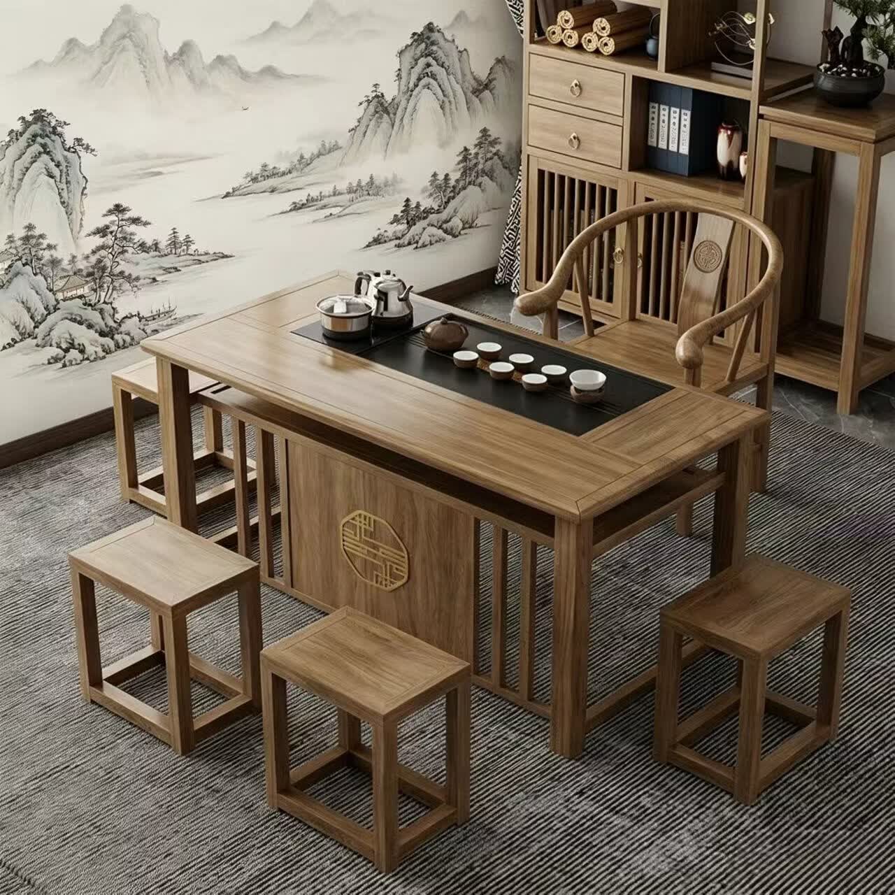 沐含玥阳台小型功夫泡茶台新中式茶桌椅组合实木办公室茶几套装一体