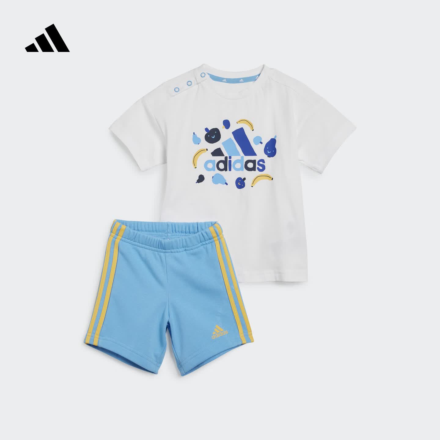 adidas男女婴童A类休闲印花亲肤圆领短袖套装夏季阿迪达斯轻运动   白/蓝   104