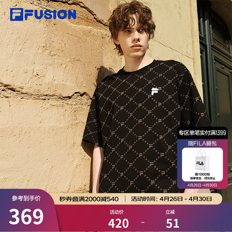 FILA FUSION斐乐潮牌情侣款针织短袖衫2026夏新款纯棉凉感宽松T恤 正黑色-BK L 175/96A/L