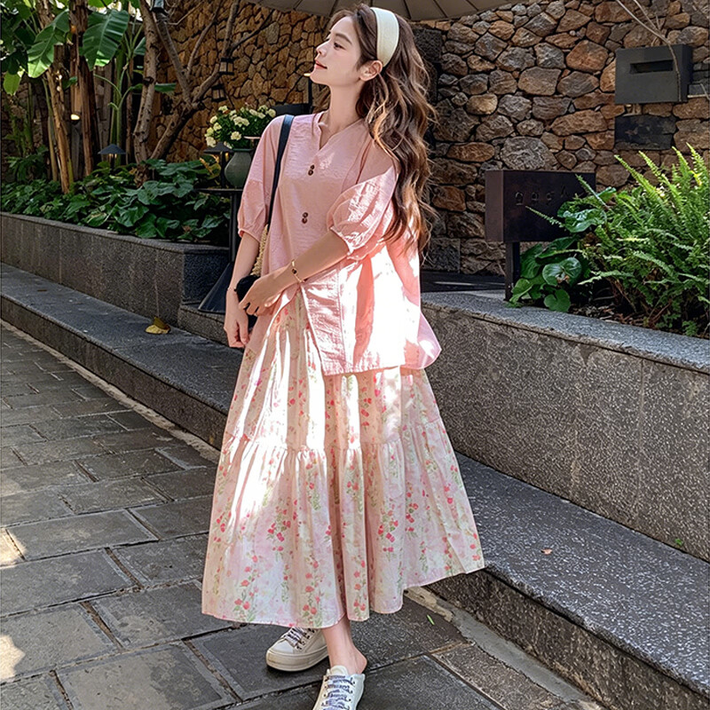 浪莎碎花半身裙女夏季新款高腰慵懒风压褶显瘦a字伞裙小个子蛋糕裙子 粉白色 【双层防走光】 S 【建议80-95斤】