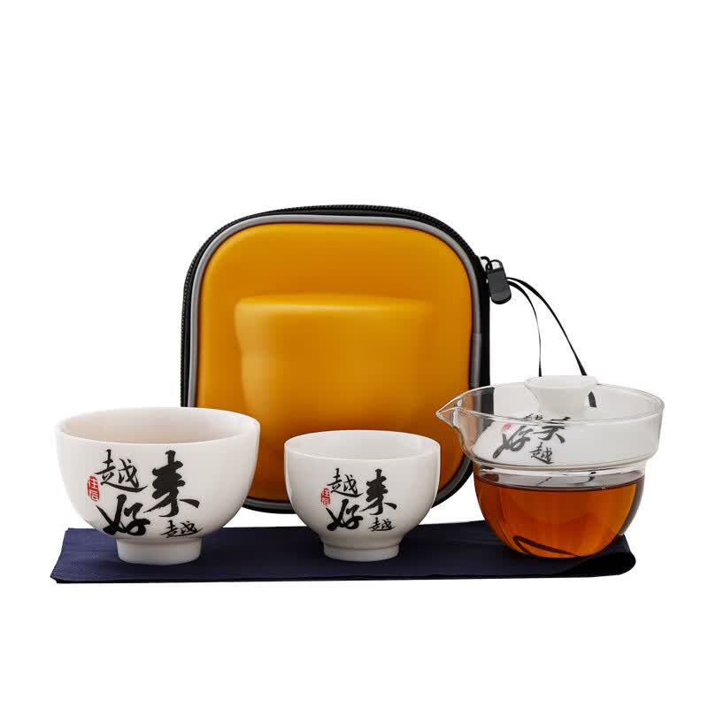 星舵户外旅行茶具一壶两杯功夫茶具便携快客杯国潮文创商务礼品印logo 羊脂玉简白-透明玻璃公杯-小黄包