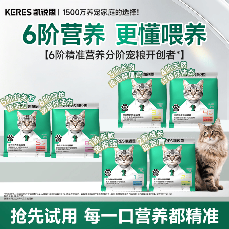 凯锐思6阶分阶银爪鲜肉烘焙猫粮1-4岁美毛靓毛80%鱼油猫粮全价鲜肉50g