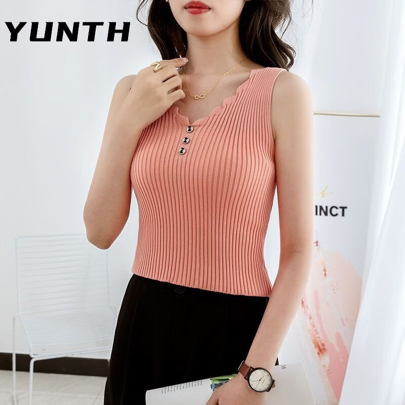 YUNTH夏装冰丝吊带针织背心女美背宽松百搭无袖大码韩版打底V领显瘦 黑色不掉色 XS 建议80-90斤