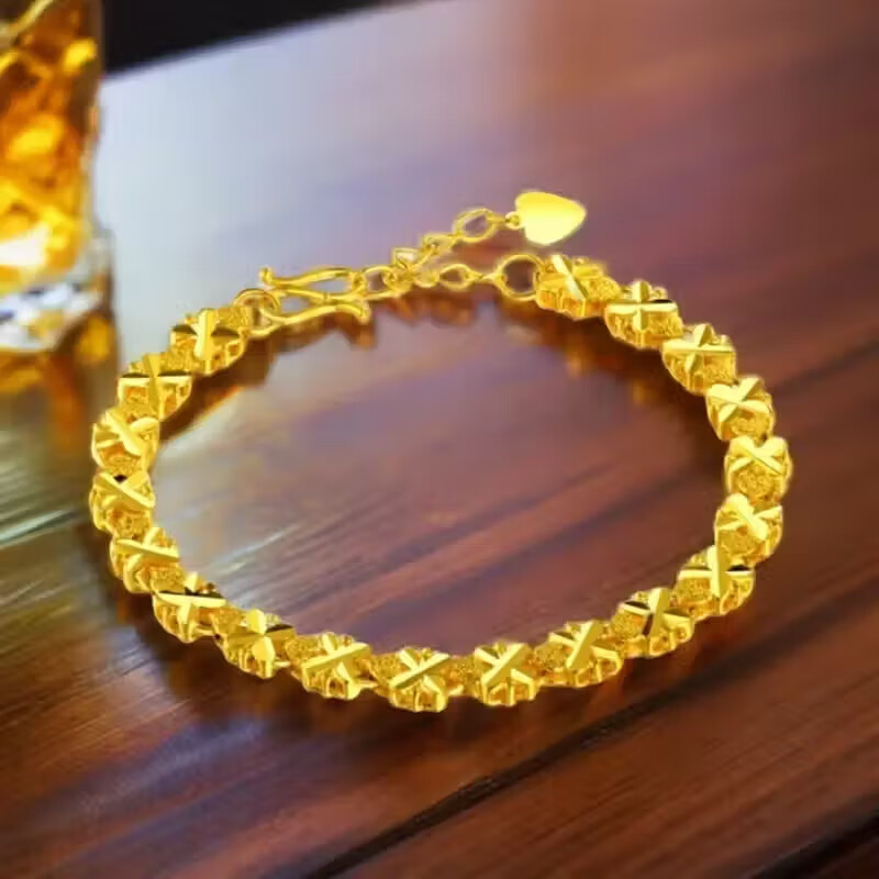 【轻奢时尚】金黄色四叶草花双面立体镂空时尚百搭手链女款礼物LQ 【时尚百搭】金色四叶草手链+精美礼盒