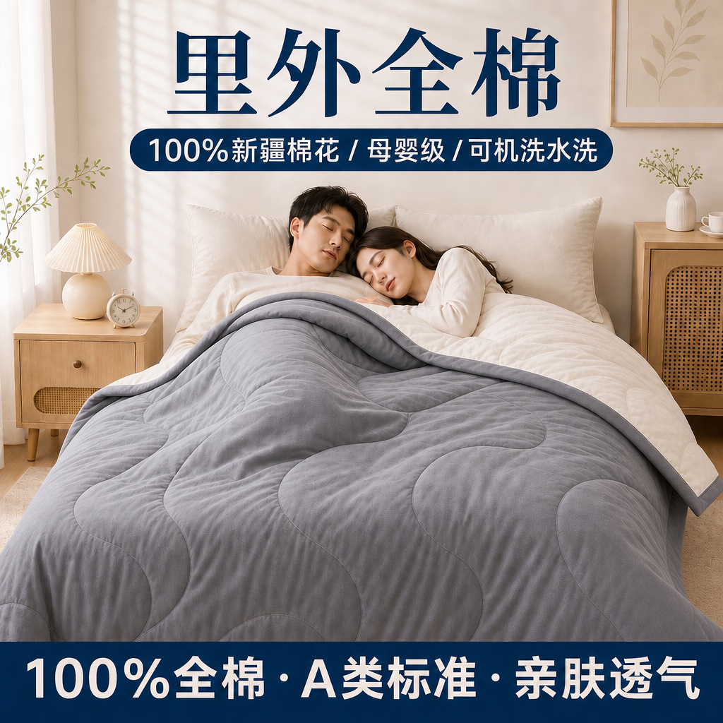 月夜星雨纯棉夏凉被空调被薄被春秋被凉感男女通用100%纯棉里外全棉被子 灰色+米色AB版 +送礼品袋+送浴巾 150cm*200cm