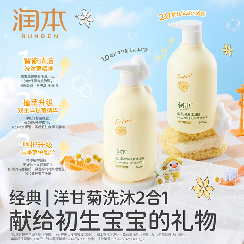 润本儿童洗发水沐浴露二合一氨基酸宝宝婴儿沐浴油沐抚触油护发素香皂 500ml*1瓶 【0岁+】洋甘菊婴儿款