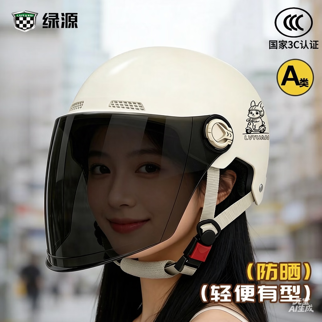 绿源（Luyuan）电动车头盔国标3C认证电瓶车成人夏季防晒骑行安全帽 兔子-卡其色-茶色长镜 常规款