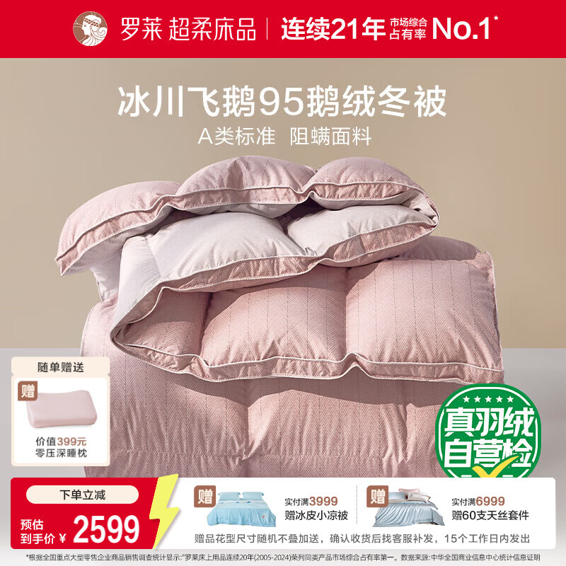 罗莱家纺 羽绒被 A类95%水洗鹅绒被子保暖冬被芯 约5.2斤粉